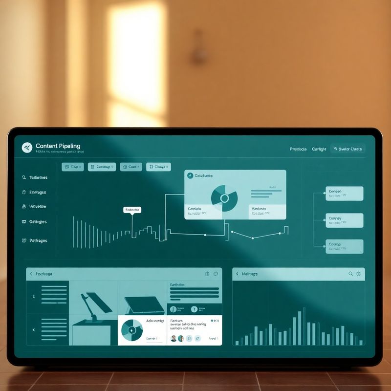 Visualización abstracta de un flujo de pipeline de contenido en un dashboard digital