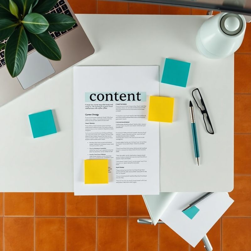 Documento de estrategia de contenido con notas de colores sobre una mesa moderna