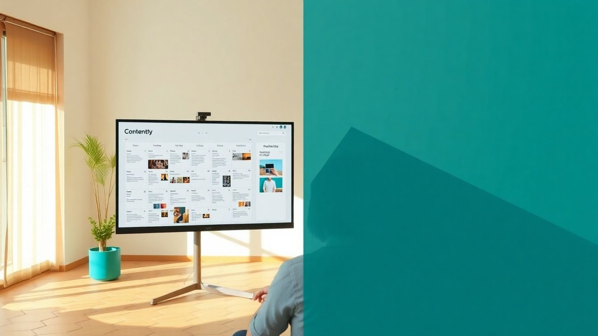 Persona revisando un calendario editorial en una pantalla grande en un estudio de Bilbao